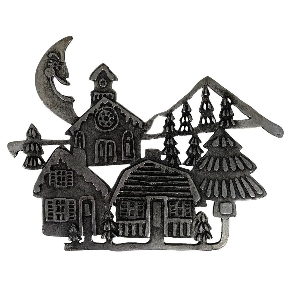 Vintage Metal Wall Art Snowy Village Moon Trees Christmas Metzke 1977 Pewter